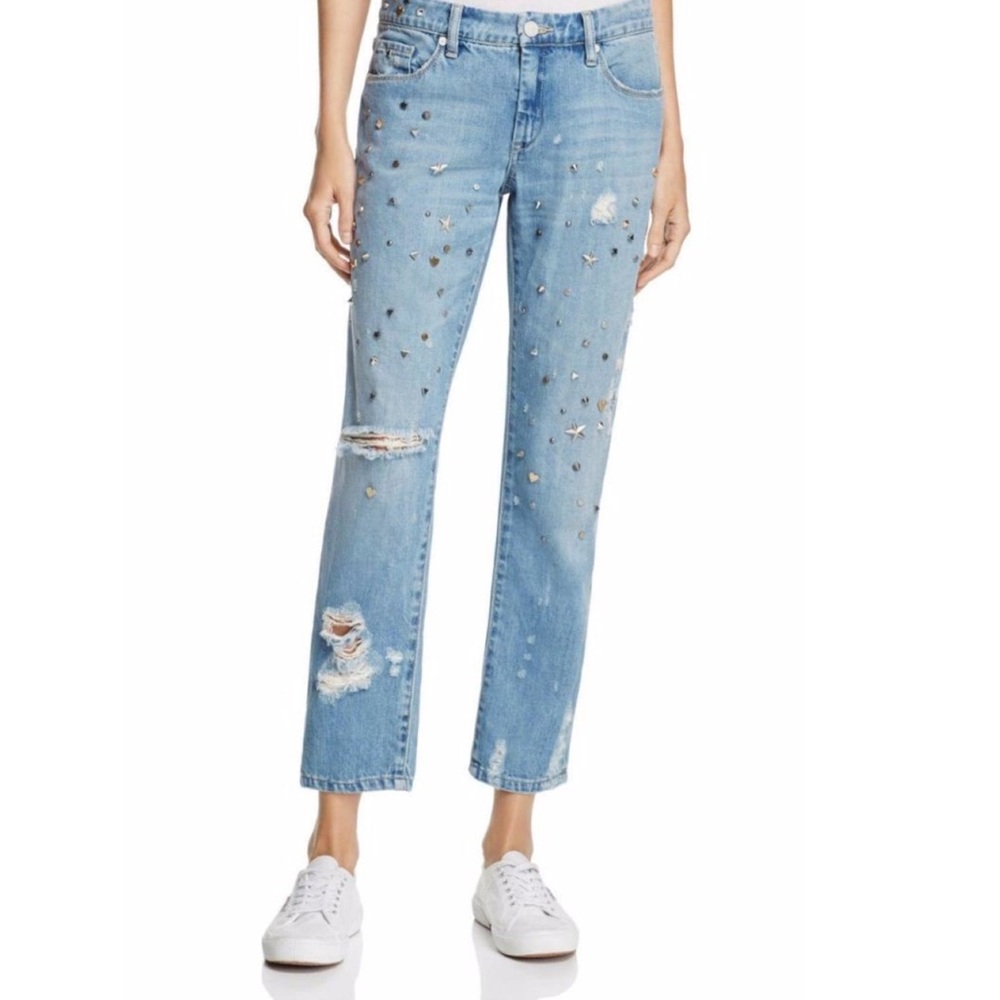 Blank NYC Womens Crop Girlfriend Blue Studded Distressed Jeans
